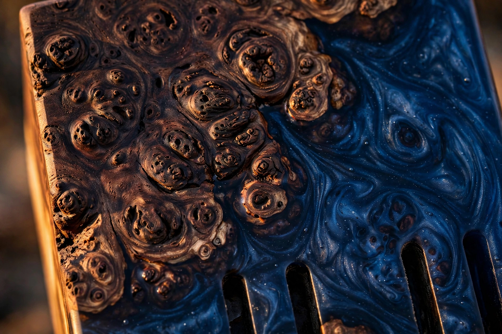 Close-up of swirled burl wood grain meeting deep blue epoxy resin, every block is one of a kind