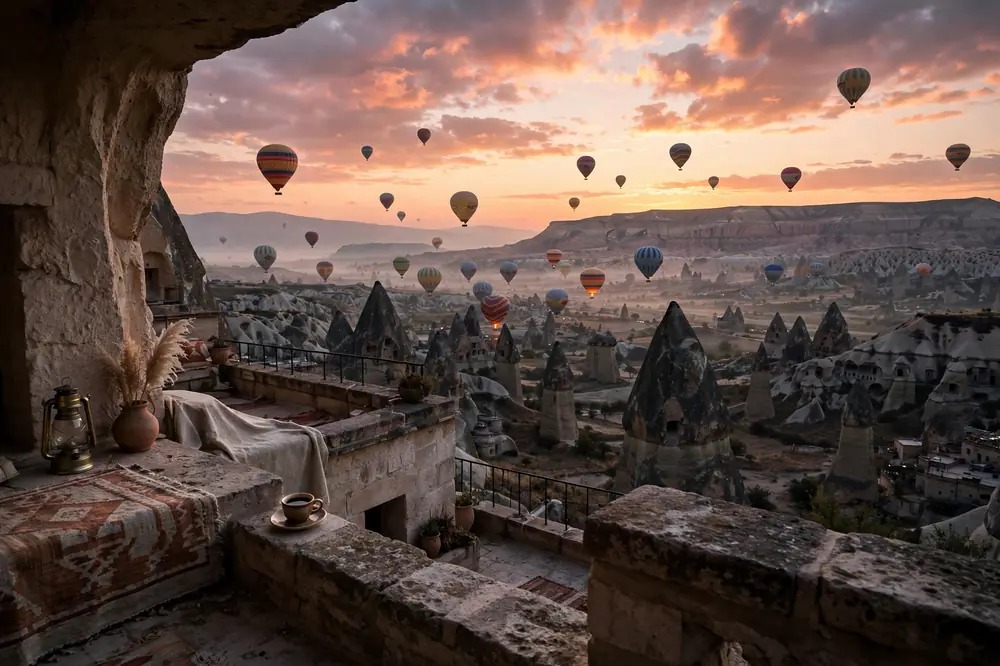 Hot air balloons rising at dawn over Göreme valley in Cappadocia, seen from a cave hotel terrace
