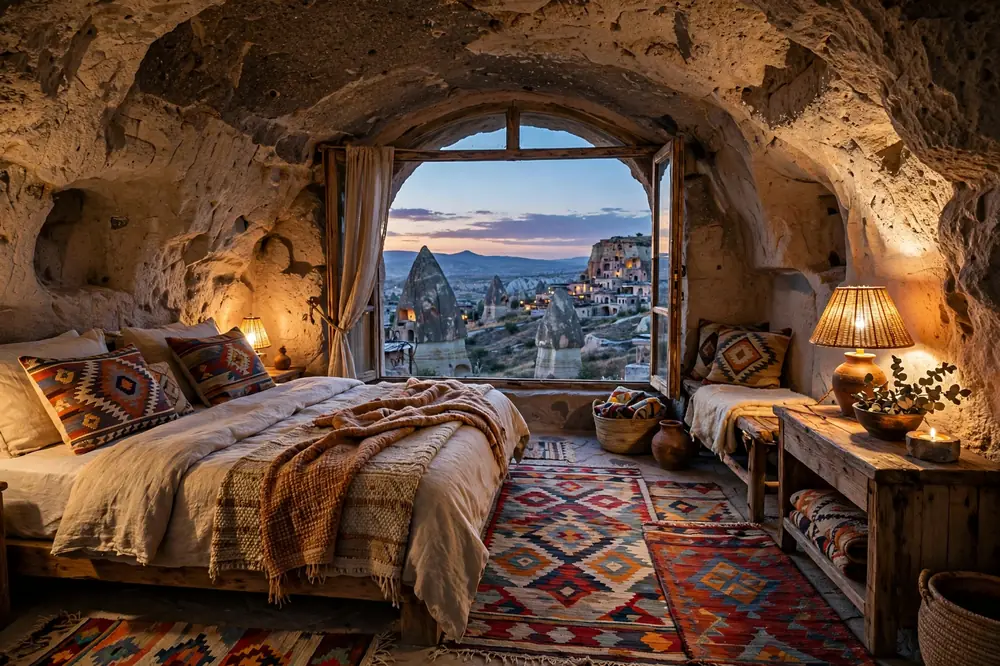 Cozy luxury cave hotel suite carved into rock in Cappadocia, with arched stone ceiling and view of fairy chimneys at dusk