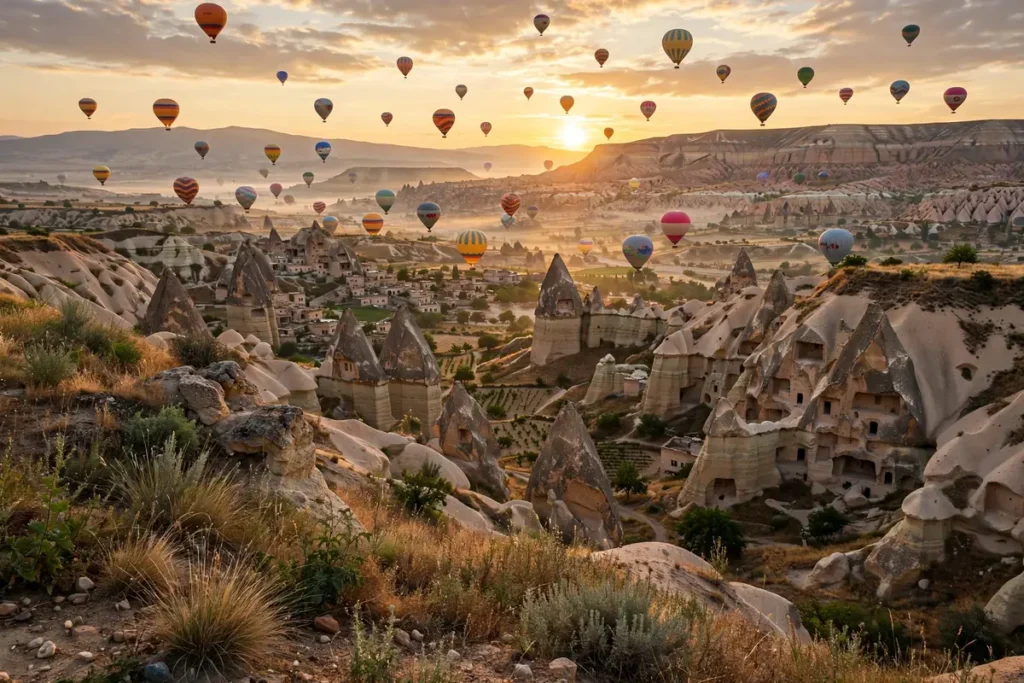 Sunrise over Cappadocia with dozens of colorful hot air balloons floating above fairy chimney rock formations