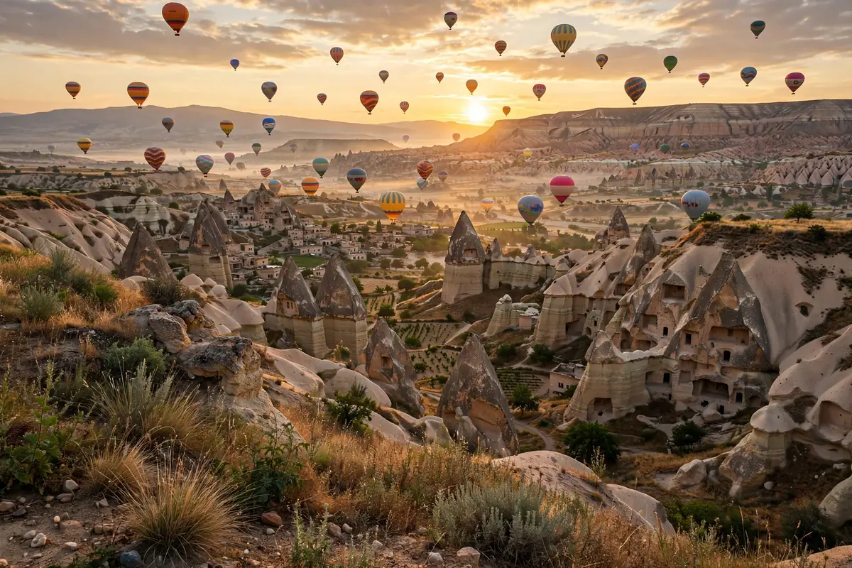 Sunrise over Cappadocia with dozens of colorful hot air balloons floating above fairy chimney rock formations