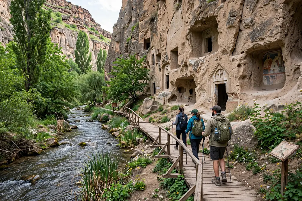 Hikers on a wooden trail beside the river in Ihlara Valley canyon, Cappadocia, with rock-cut churches in the cliffs