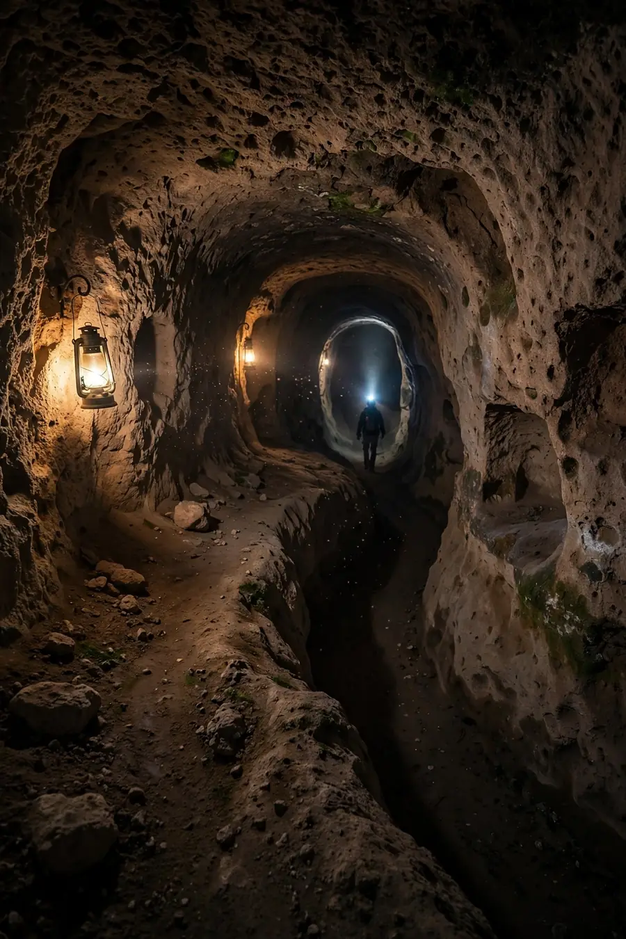 Torch-lit ancient underground tunnel in Cappadocia's Derinkuyu underground city, Turkey