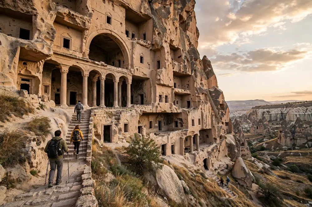 Selime Monastery rock-cut complex carved into a towering cliff in Cappadocia, with hikers climbing the stone stairs