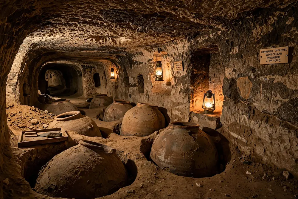 Ancient underground wine cellar in Kaymakli with large clay storage jars half-buried in the carved rock floor