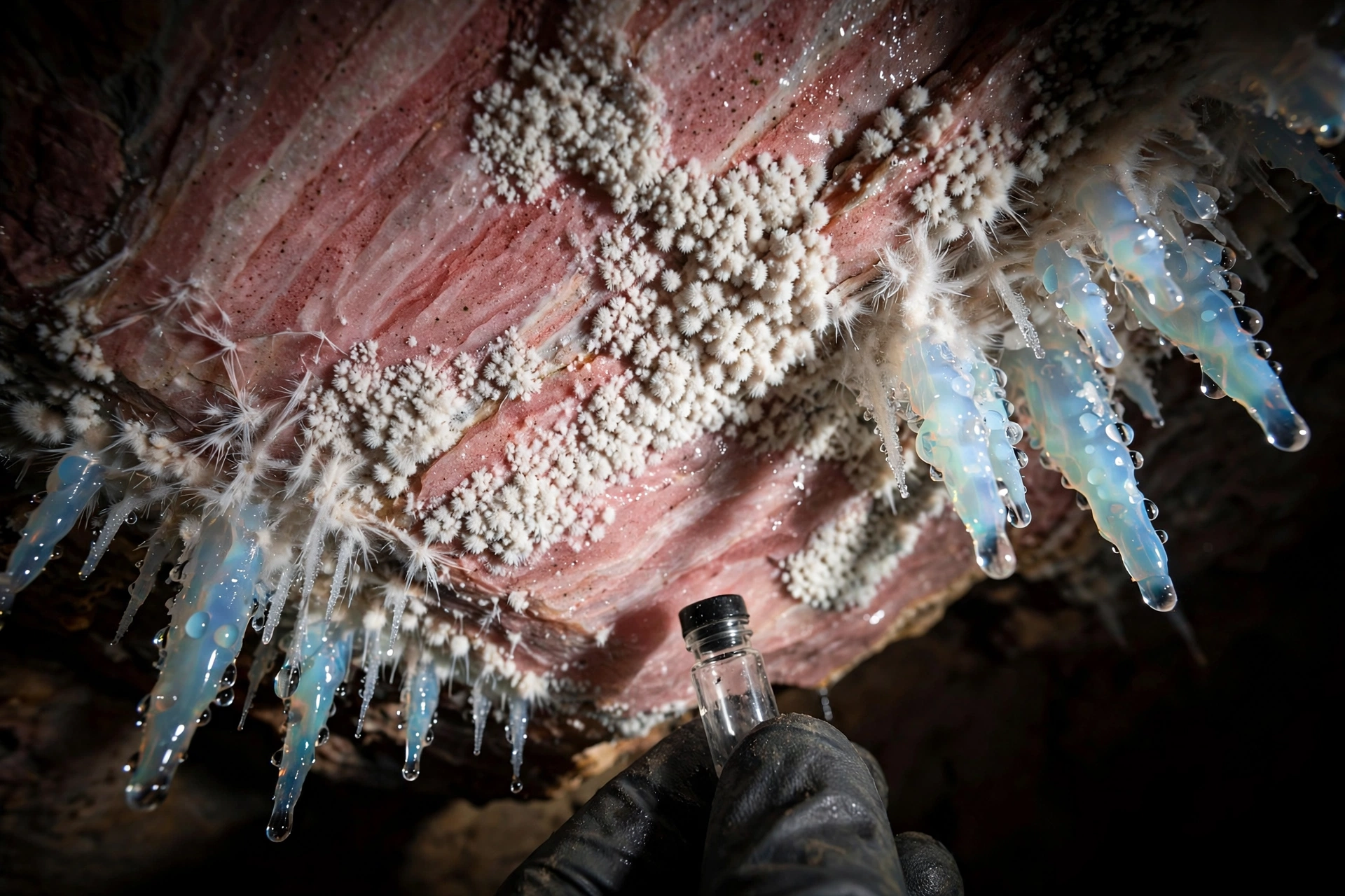 White microbial colonies and glassy opal formations on a pink quartzite cave ceiling in Ojos de Cristal