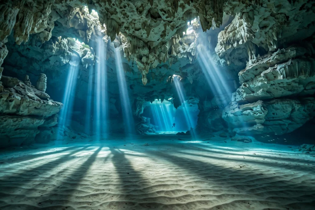 Vast flooded burial chamber in Brazil's Cave of Bones with ancient bones resting on the sediment floor