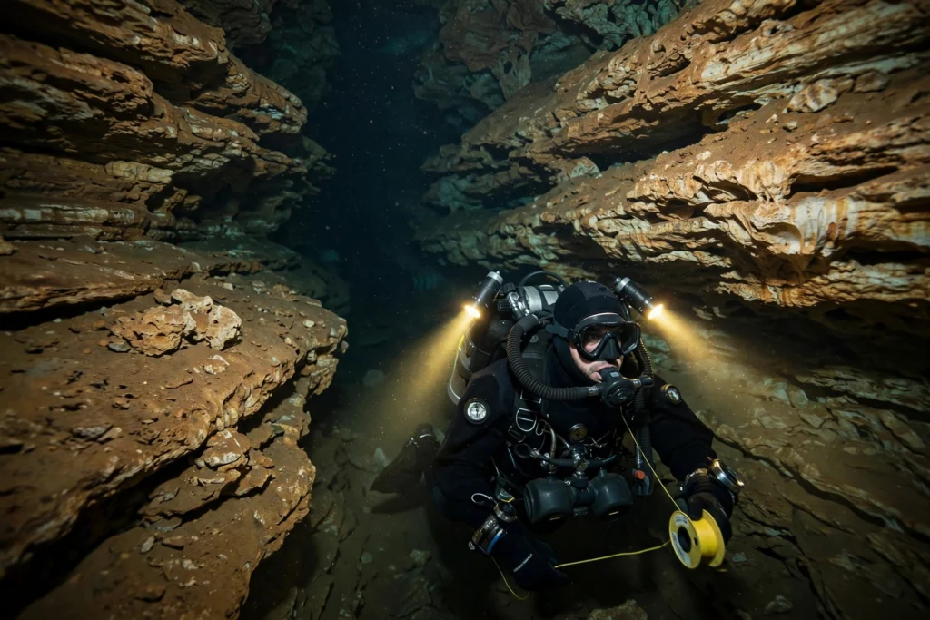 Cave diver with closed-circuit rebreather navigating a narrow flooded limestone passage
