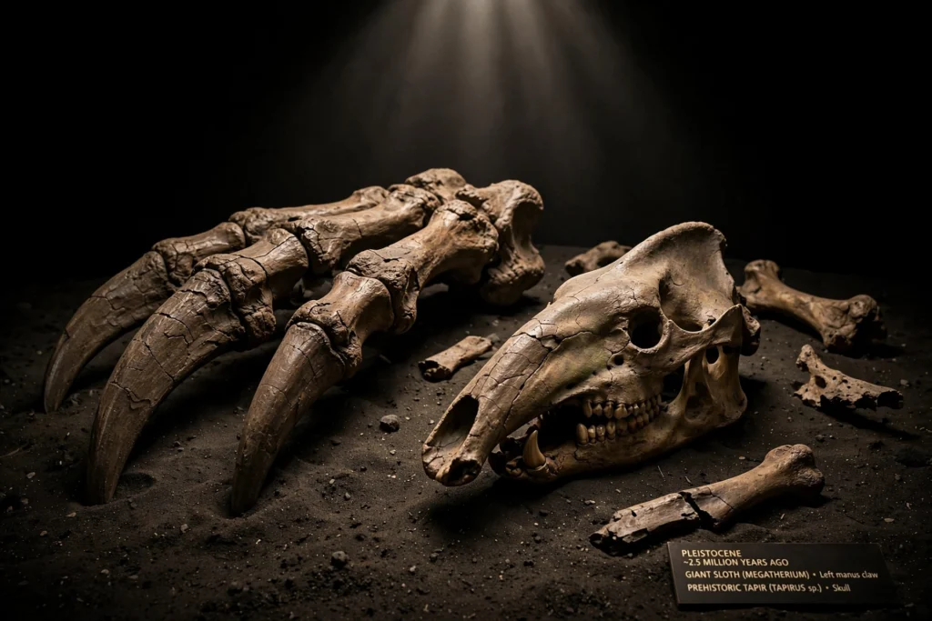 Prehistoric animal fossils including giant sloth claw and tapir skull under museum lighting