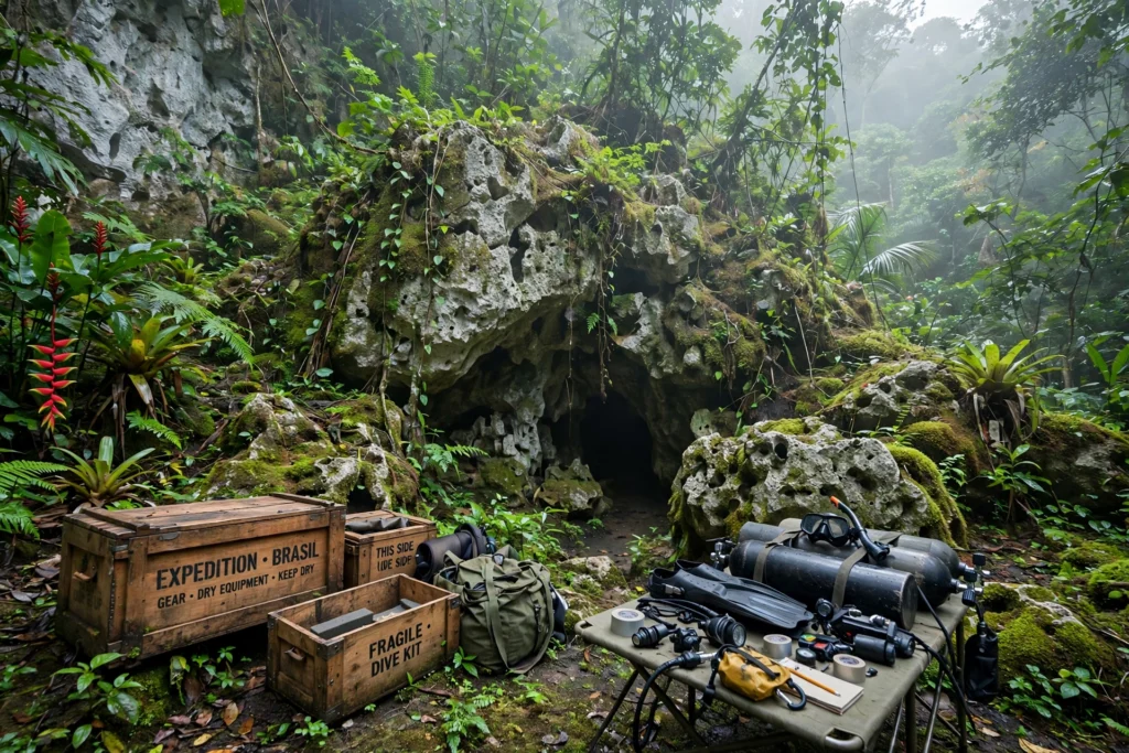 Expedition dive equipment staged at the jungle entrance to Brazil's flooded Cave of Bones