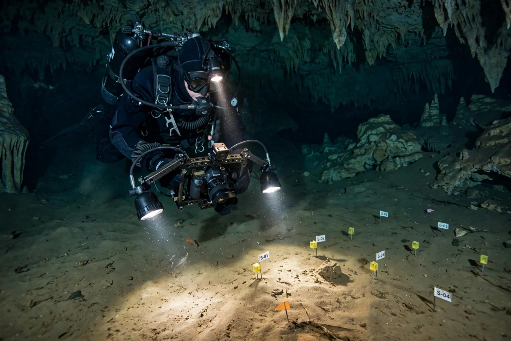 Diver with camera rig photographing marked survey markers for 3D photogrammetry mapping