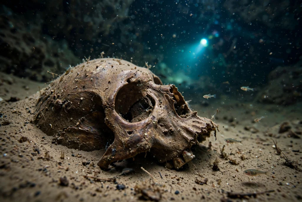 Ancient human skull resting on sediment in the dark flooded Cave of Bones in Brazil