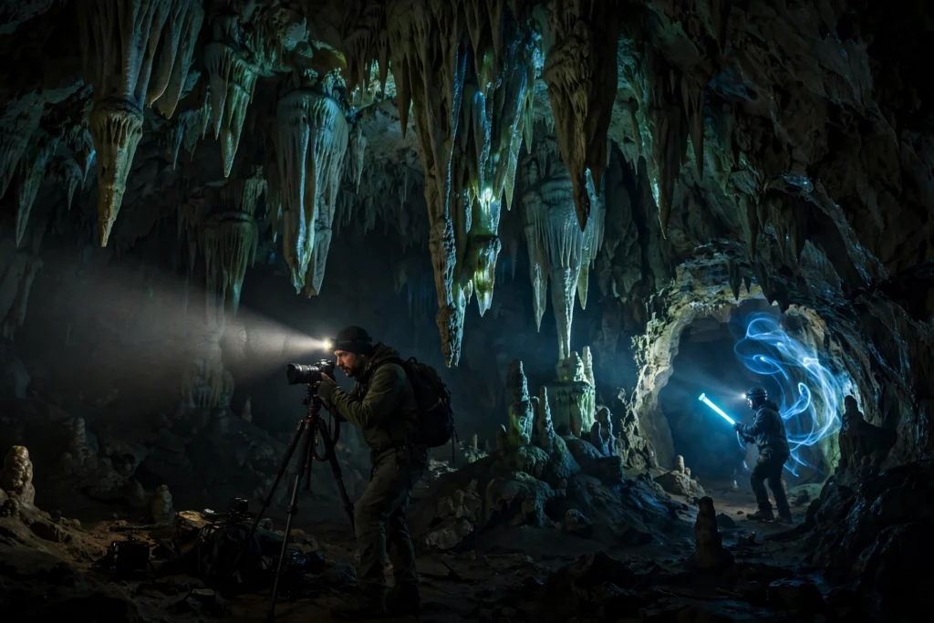 Photographer with tripod capturing a glowing stalactite chamber, headlamp beam sweeping across the cave formations