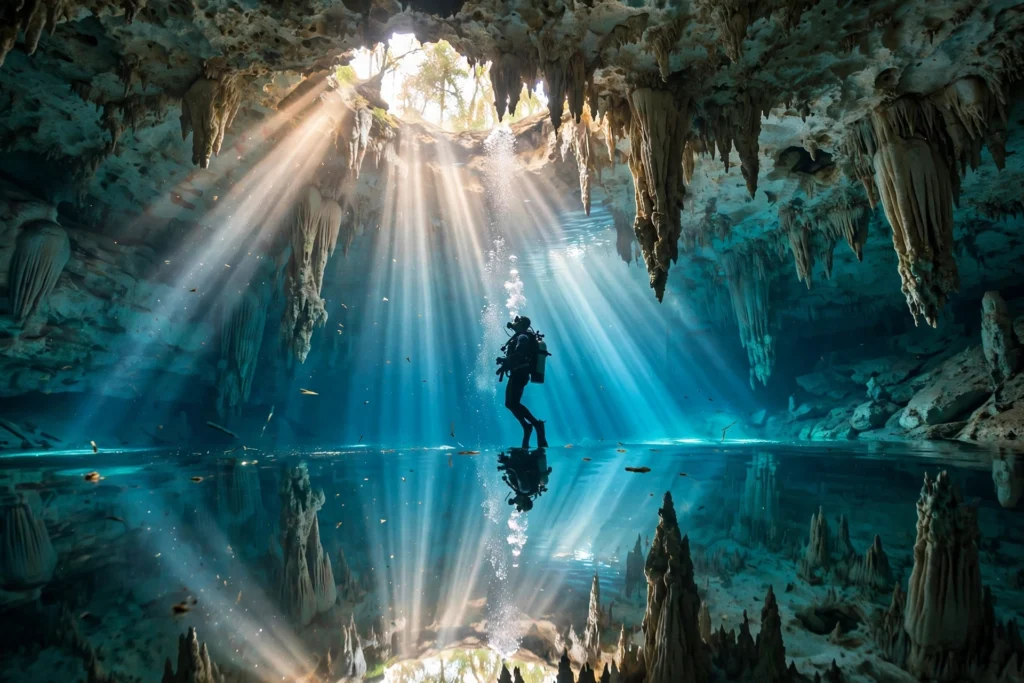 Diver with a light beam floating in a crystal-clear Mexican cenote, sun rays piercing the blue water between stalactites