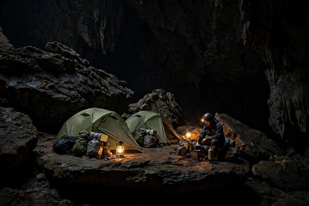 Expedition camp in total darkness deep underground