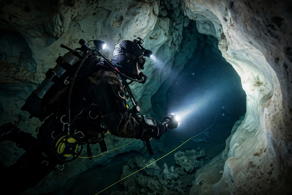 Diver crossing a flooded sump in the Cheve cave system