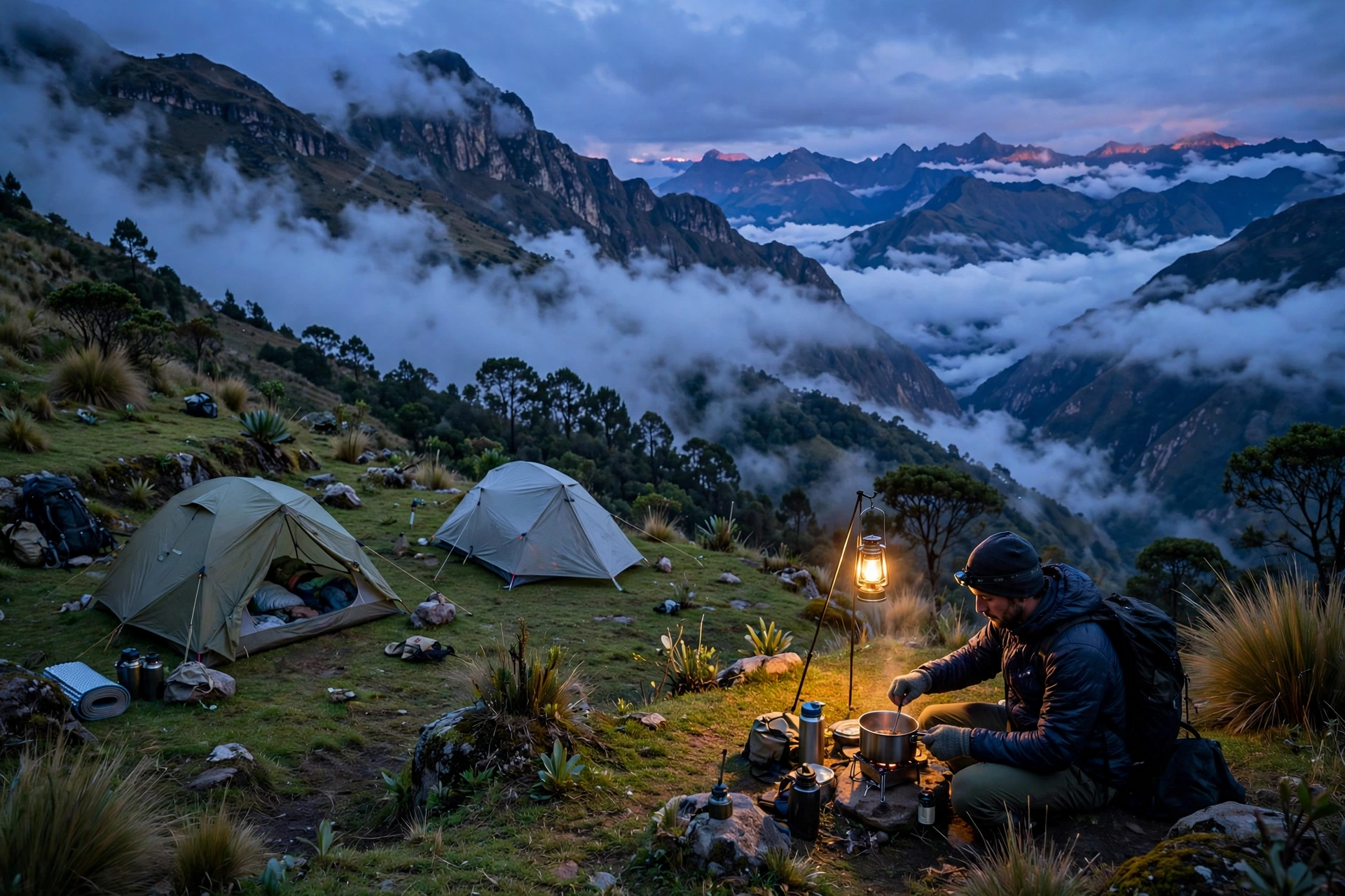 Small mountain campsite near Choquequirao in Peru at dusk with tents and warm lantern light