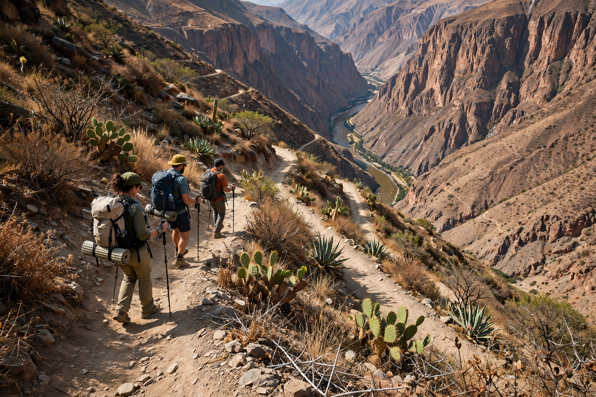 Hikers descending a steep switchback trail into the Apurimac River canyon on the Choquequirao trek in Peru