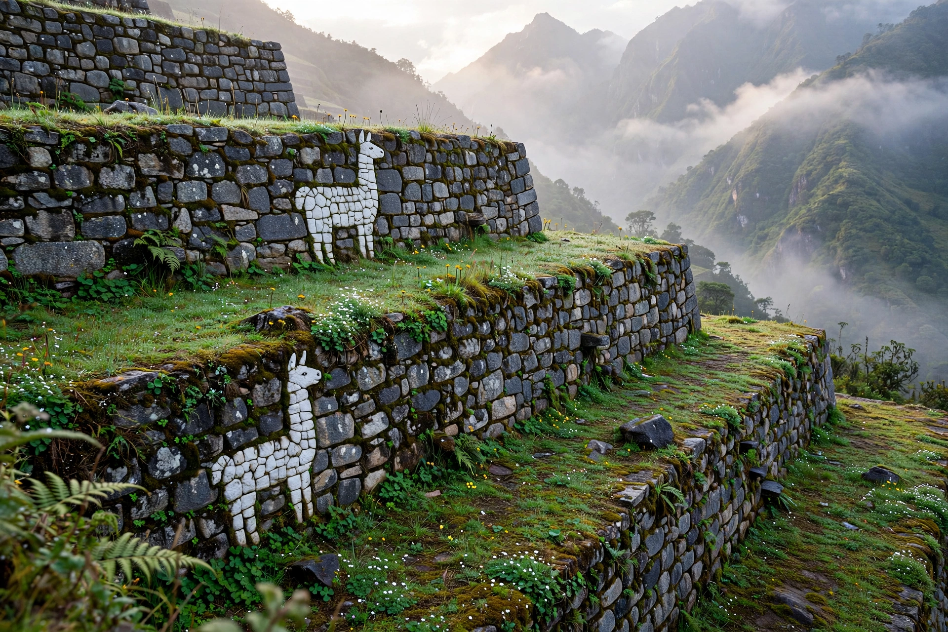 Choquequirao llama terraces with white stone llama figures set into ancient Inca terrace walls in Peru