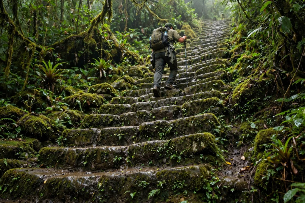 A hiker climbing the famous 1,200 ancient moss-covered stone steps leading up to Ciudad Perdida in the Colombian jungle