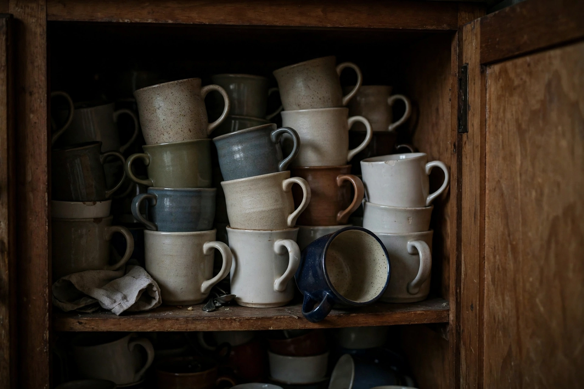 Cluttered kitchen cabinet with stacked mugs that are hard to reach