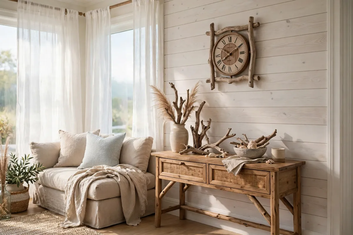 Bright coastal living room corner with a wooden wall clock above a console table, driftwood decor and soft morning light