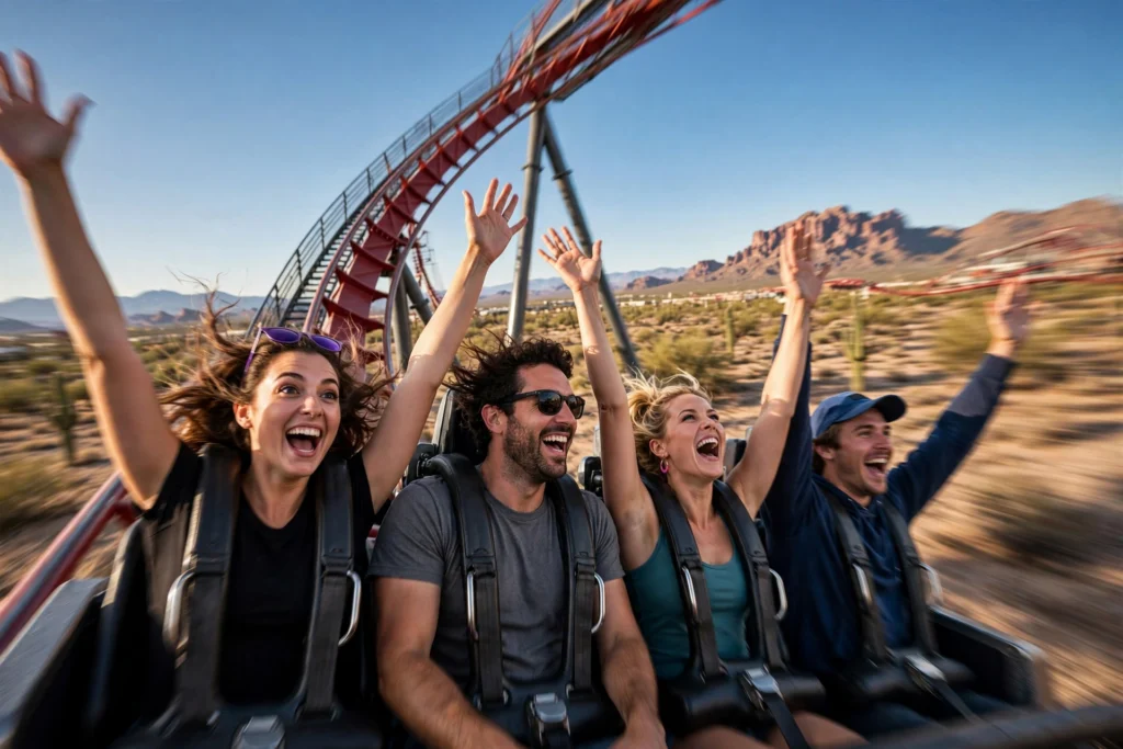 Excited riders with hands raised on a steep coaster descent