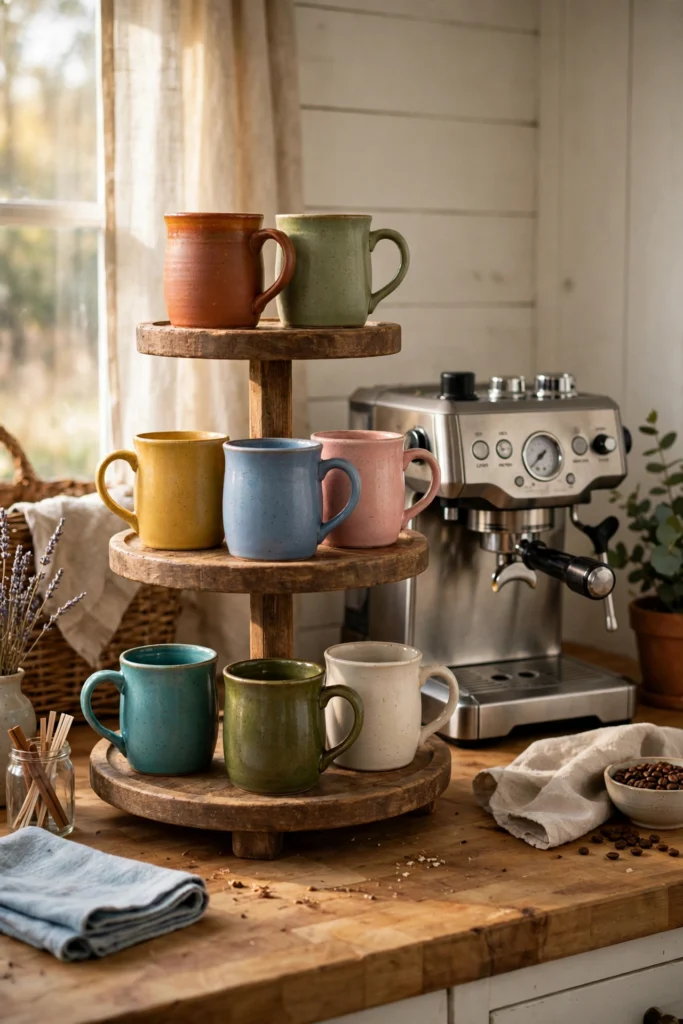 Rustic wooden coffee bar mug stand with mugs in a walnut finish