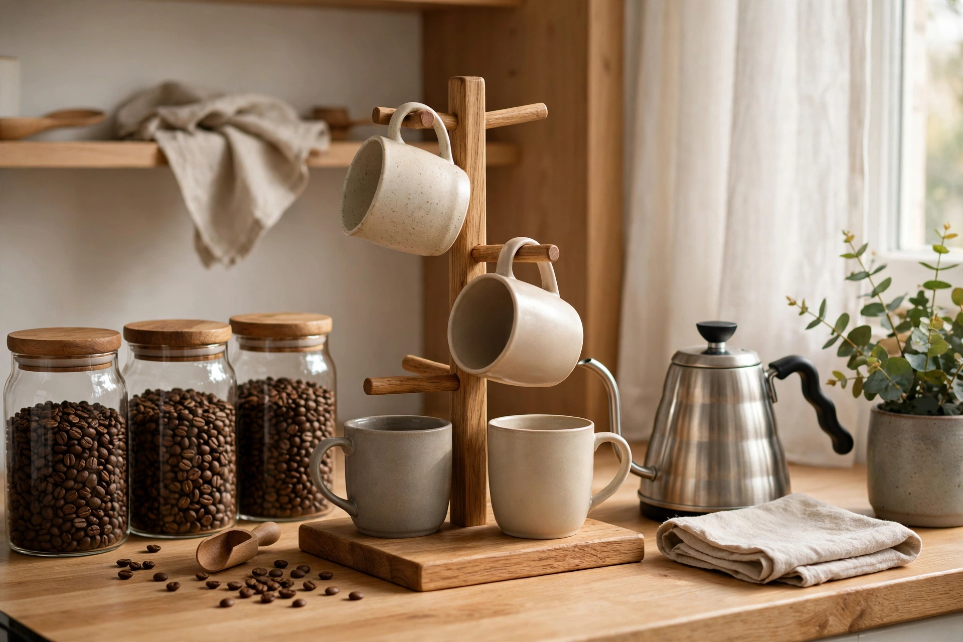 Tidy home coffee corner with a wooden mug stand, mugs and coffee jars