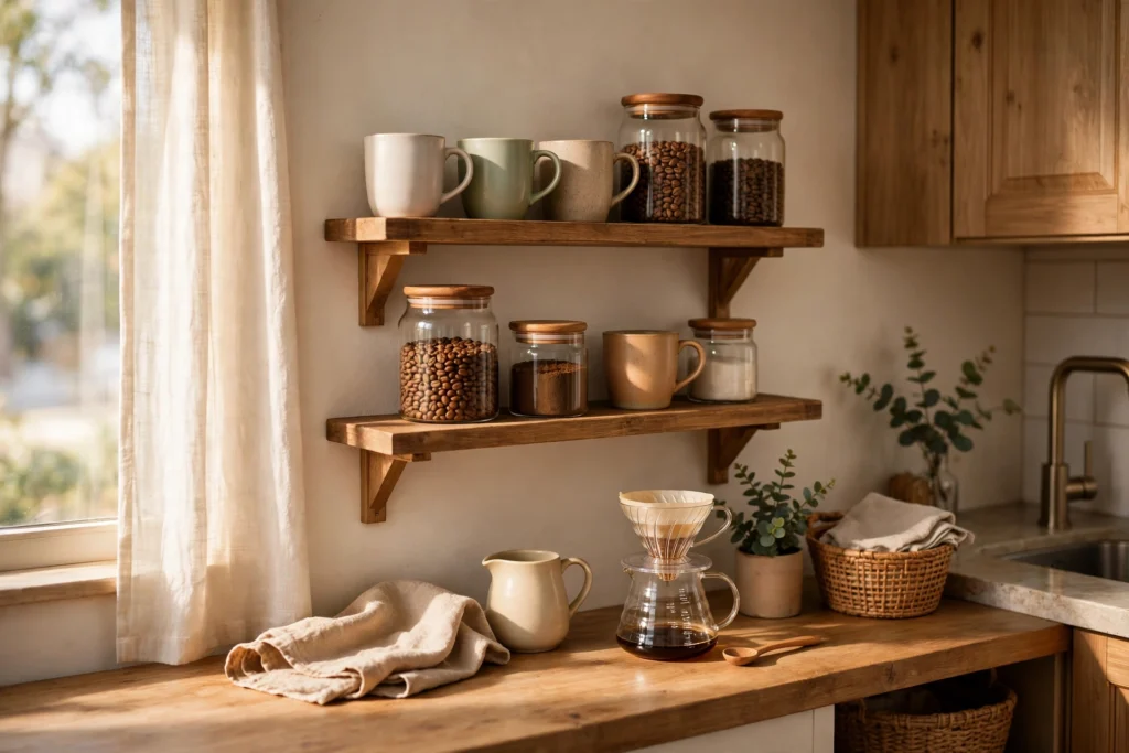 Two-tier wooden coffee station organizer on a kitchen counter with mugs, jars and a coffee maker in warm morning light