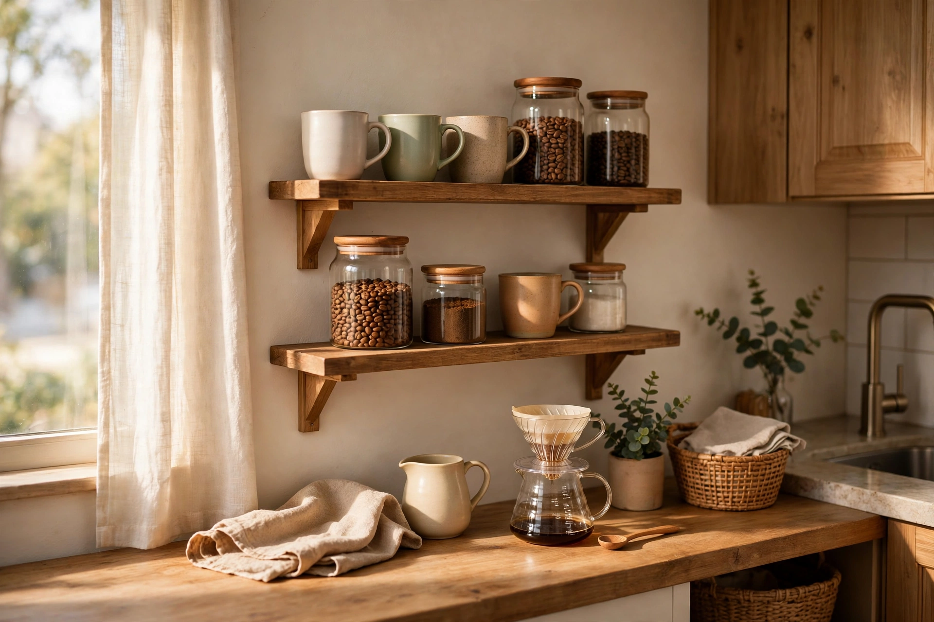 Two-tier wooden coffee station organizer on a kitchen counter with mugs, jars and a coffee maker in warm morning light