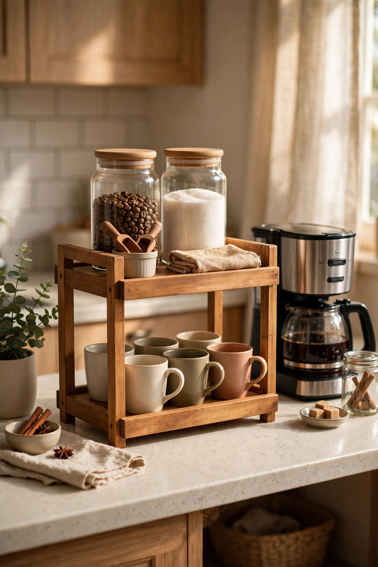 Two-tier wooden coffee station organizer on a kitchen counter with mugs, jars and a coffee maker in warm morning light