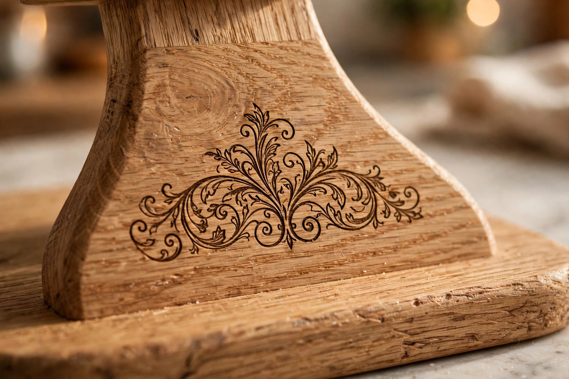 Close-up of personalized engraved lettering on the wooden base of a handmade cookbook stand