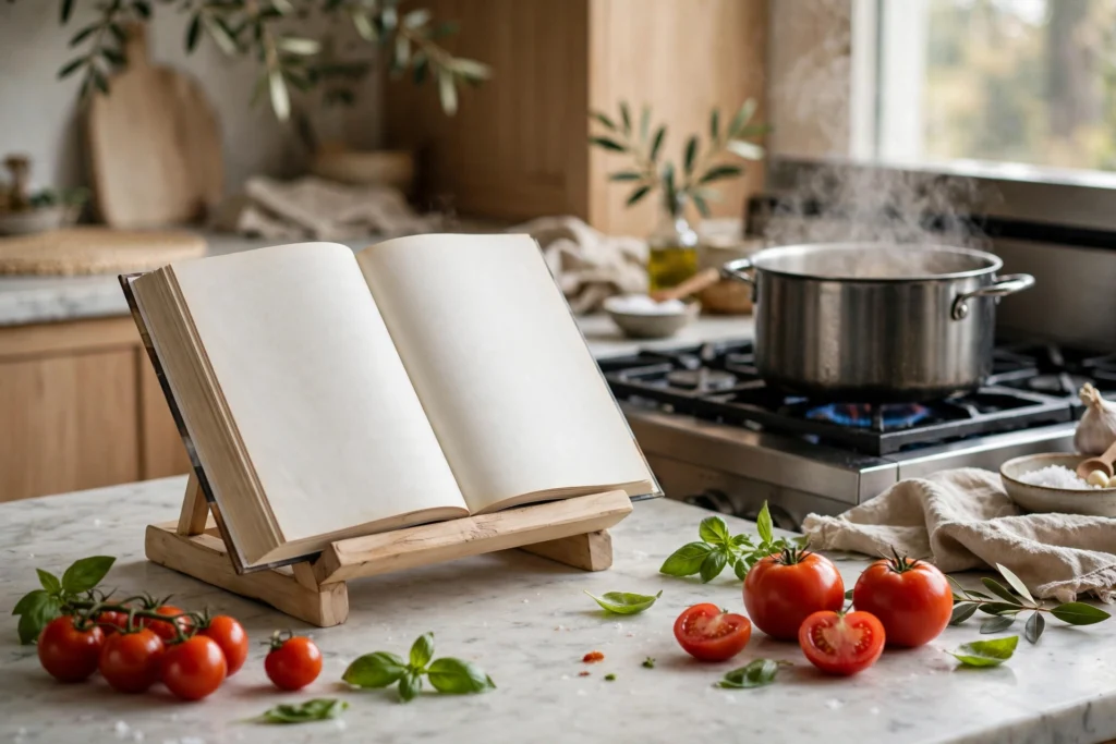 Handmade wooden cookbook stand holding an open cookbook upright on a rustic kitchen counter in warm morning light