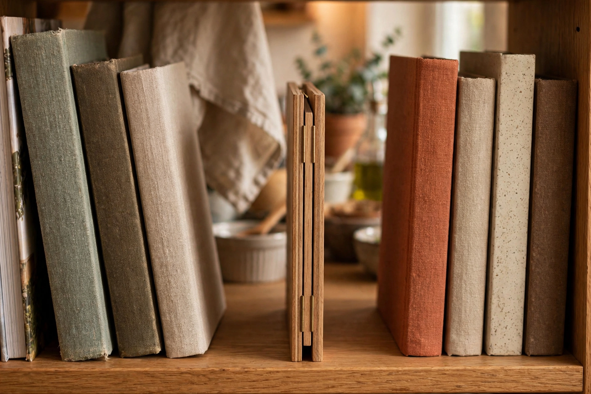 A handmade wooden cookbook stand folded completely flat and stored upright in a kitchen cookbook shelf next to cookbooks