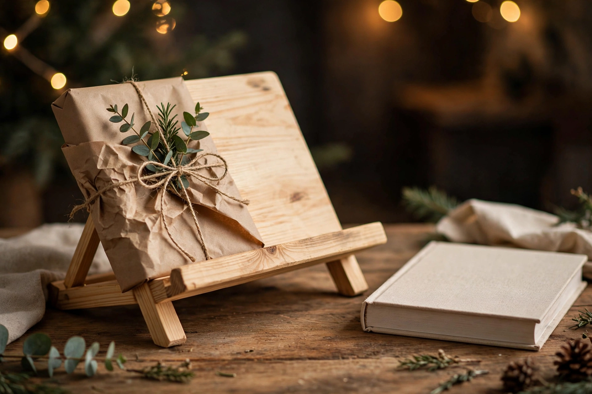 A handmade wooden cookbook stand partially wrapped in kraft paper with twine and greenery as a holiday gift, next to a cookbook on a wooden table