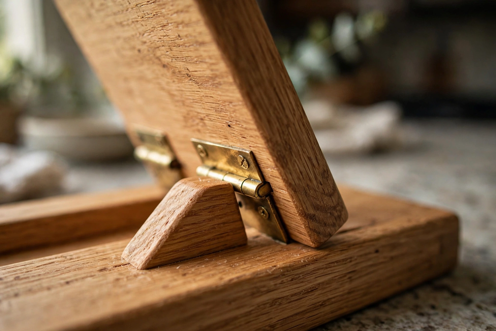Close-up of the hinged adjustable back support on a handmade wooden cookbook stand showing the brass hinge and wooden ledge