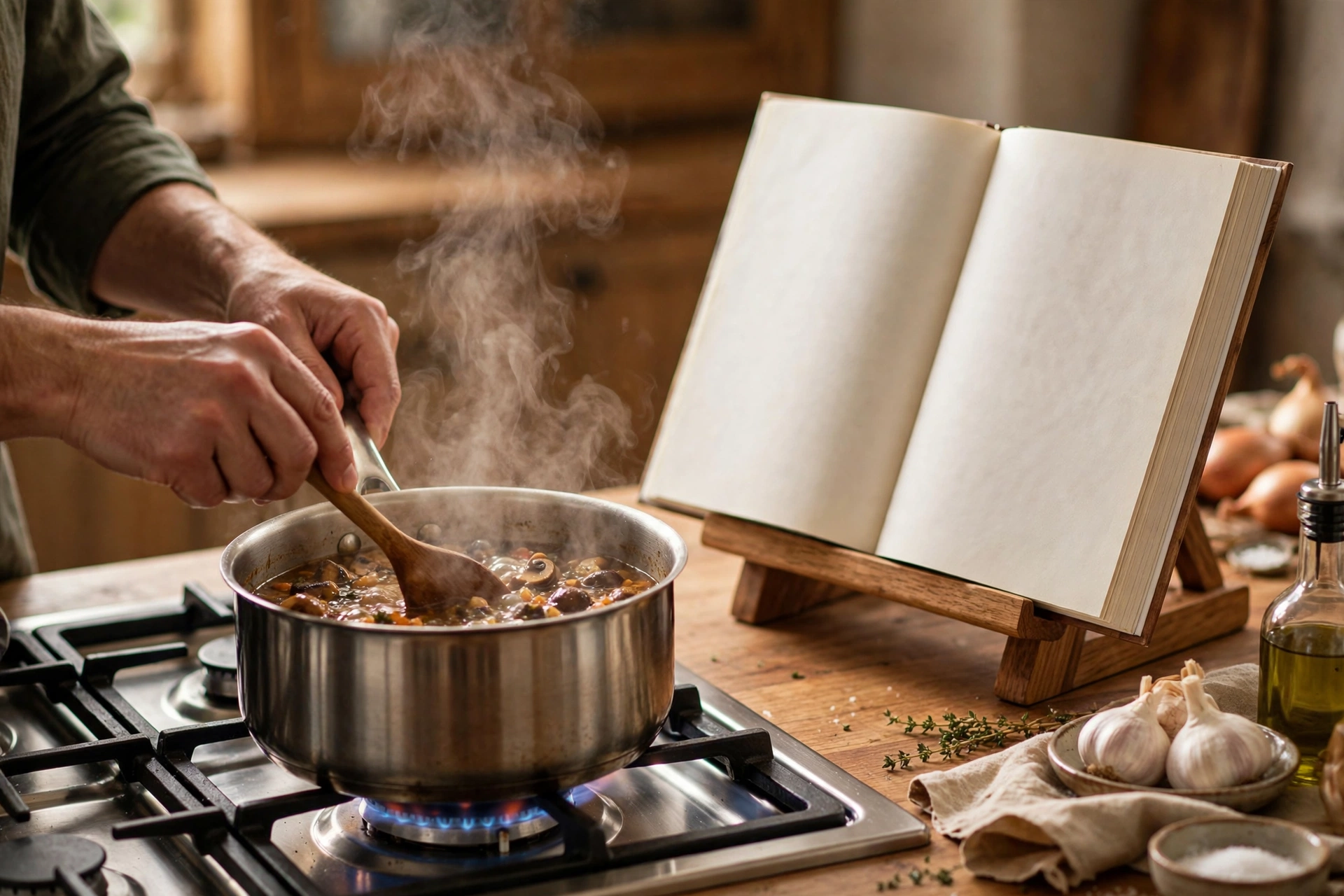 A cook stirring a saucepan while glancing at an open cookbook propped at eye level on a wooden stand