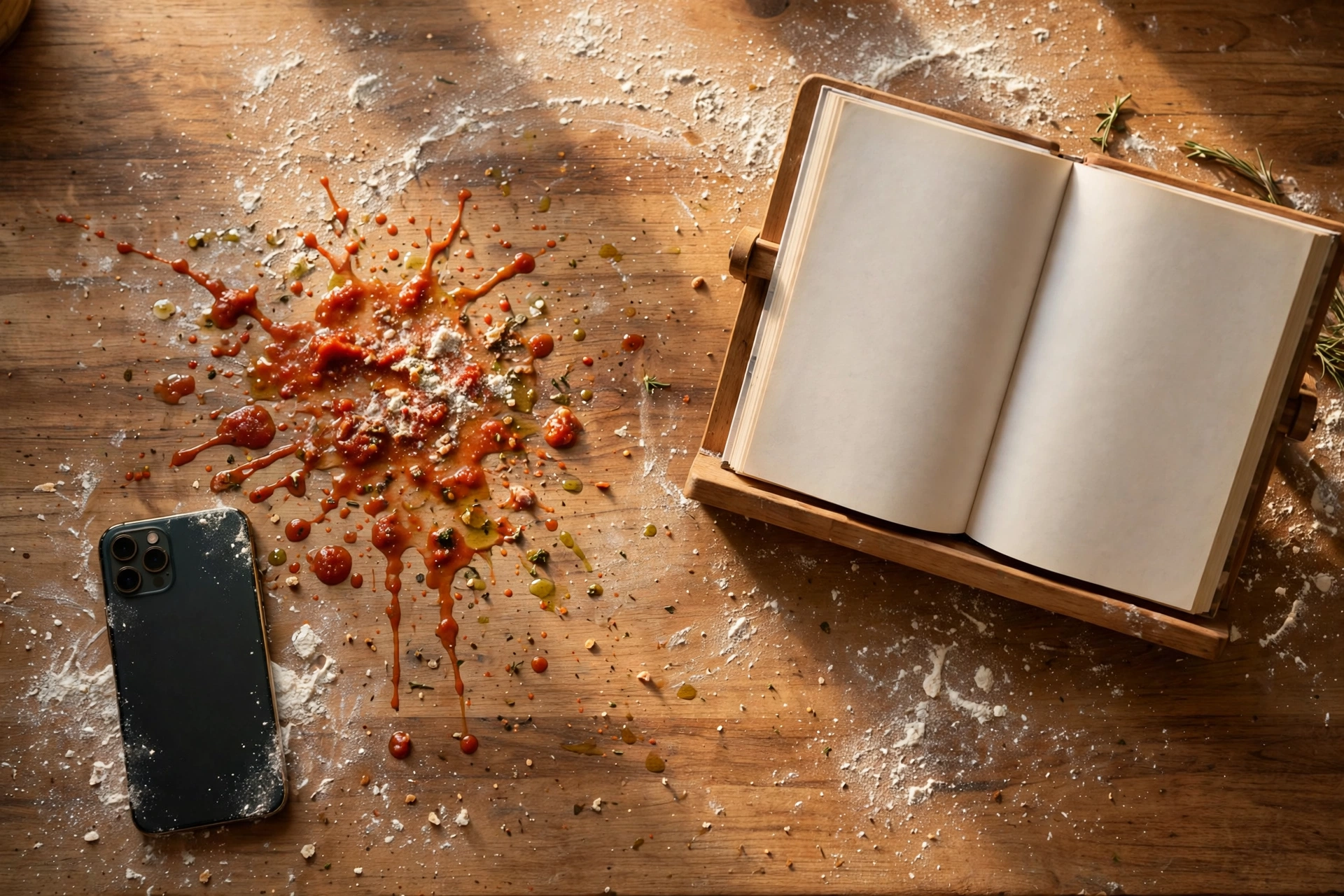 A flour-dusted smartphone lying next to a cooking splatter on a kitchen counter, beside an open cookbook held upright on a wooden stand away from the mess