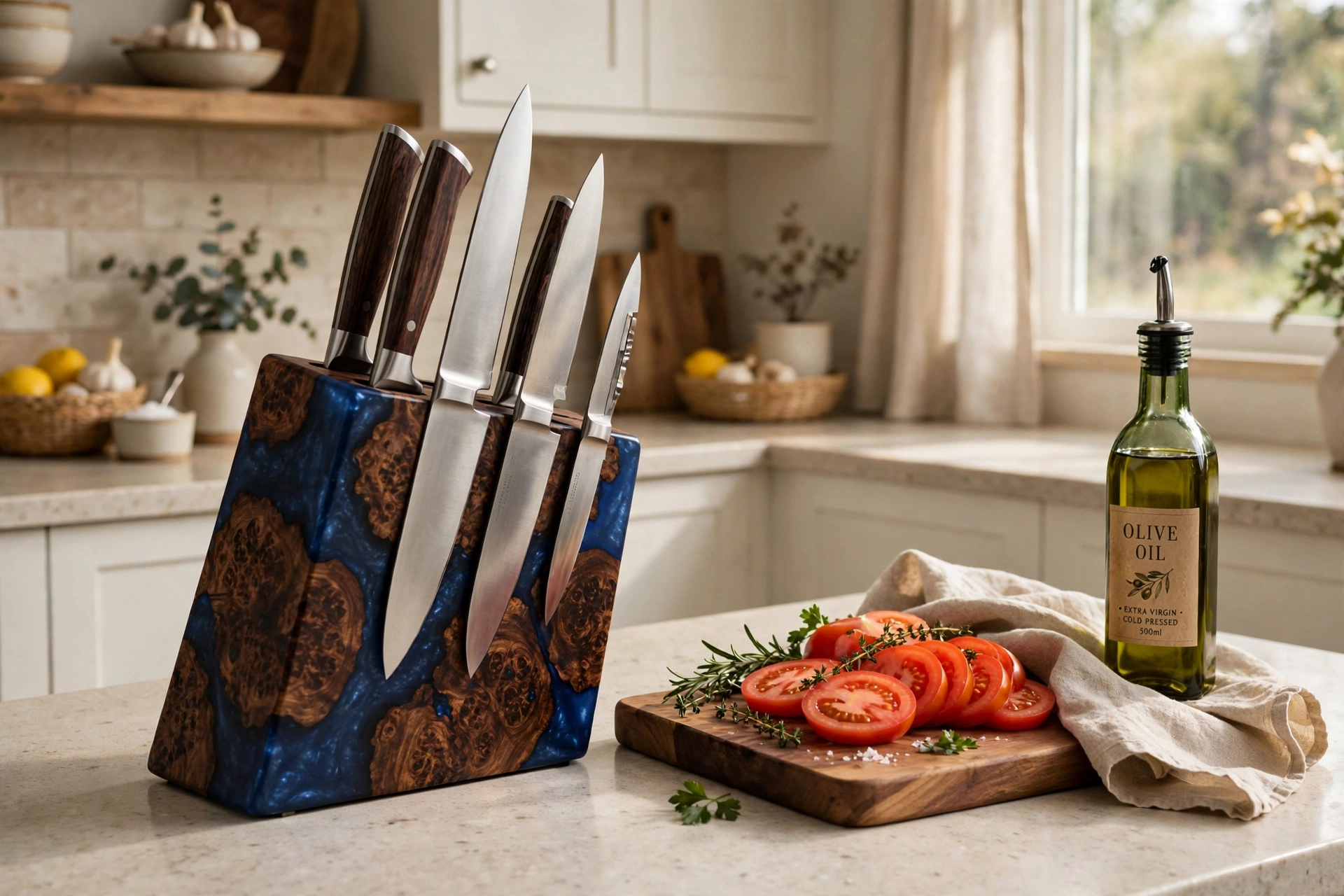 The block styled on a farmhouse kitchen counter with a cutting board, fresh vegetables, and warm morning light