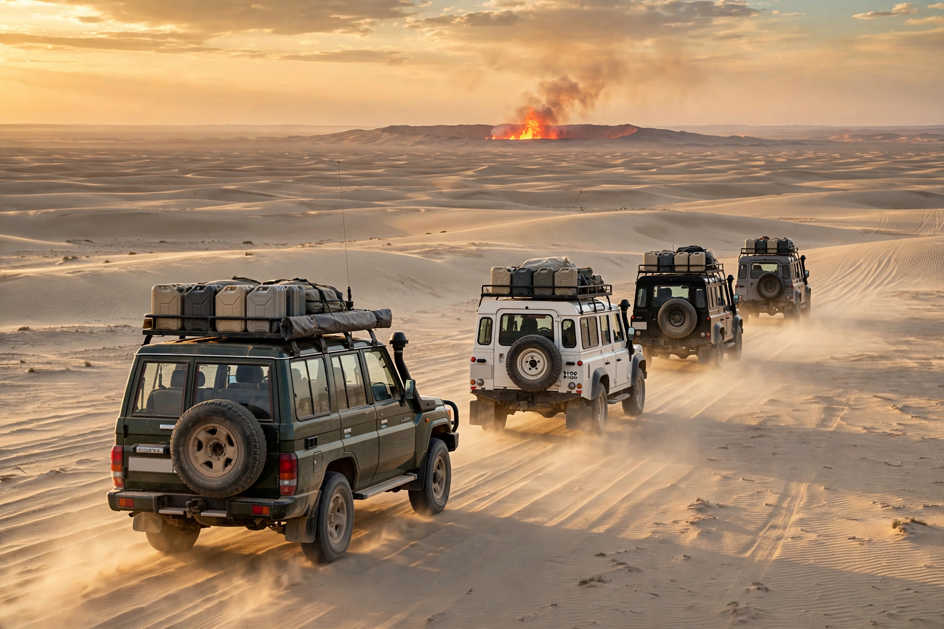 Convoy of 4x4 vehicles driving across the Karakum Desert toward the distant glow of the Darvaza crater