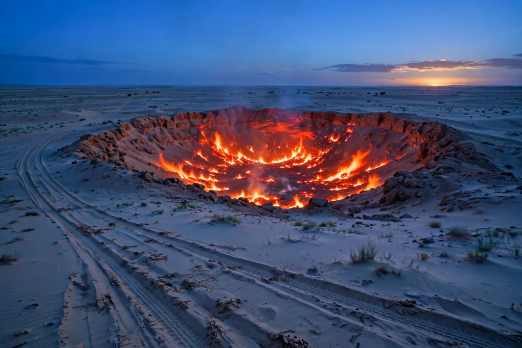 Darvaza gas crater glowing orange in the Karakum Desert at dusk with 4x4 tracks in the sand