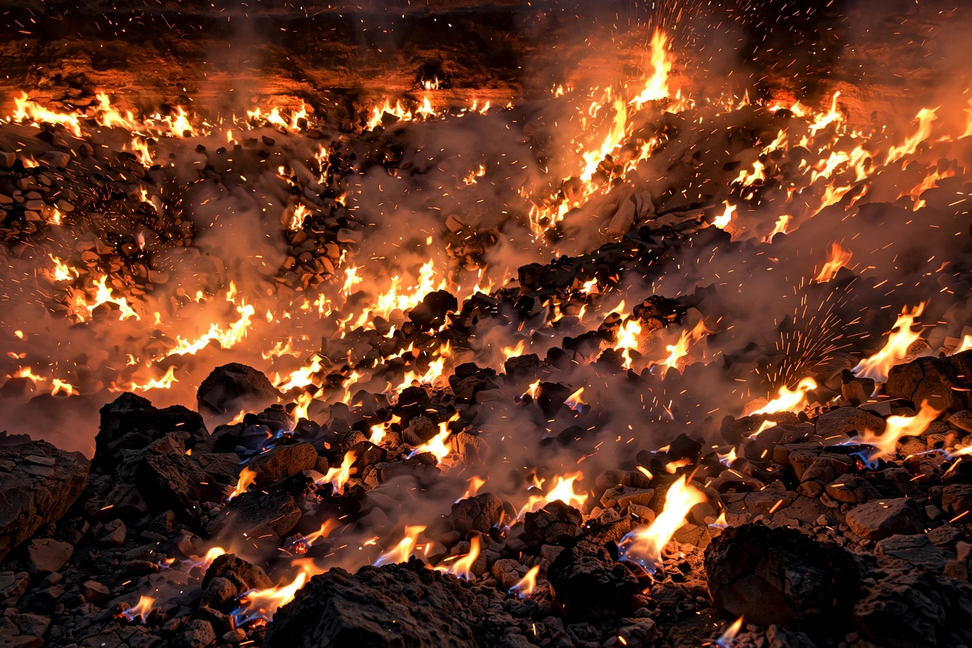 Close-up of orange natural gas flames burning across the rocky floor of the Darvaza crater at night