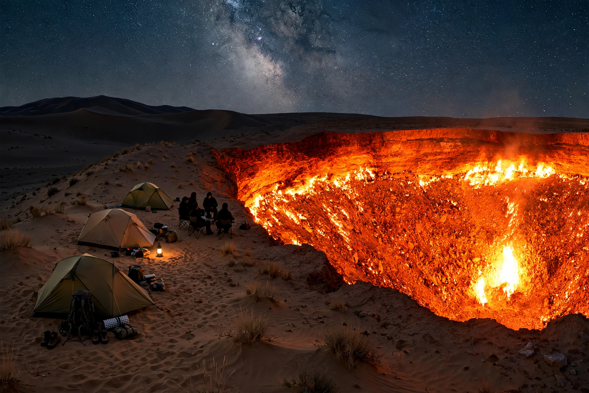 Camping tents near the glowing Darvaza crater at night under a starry sky