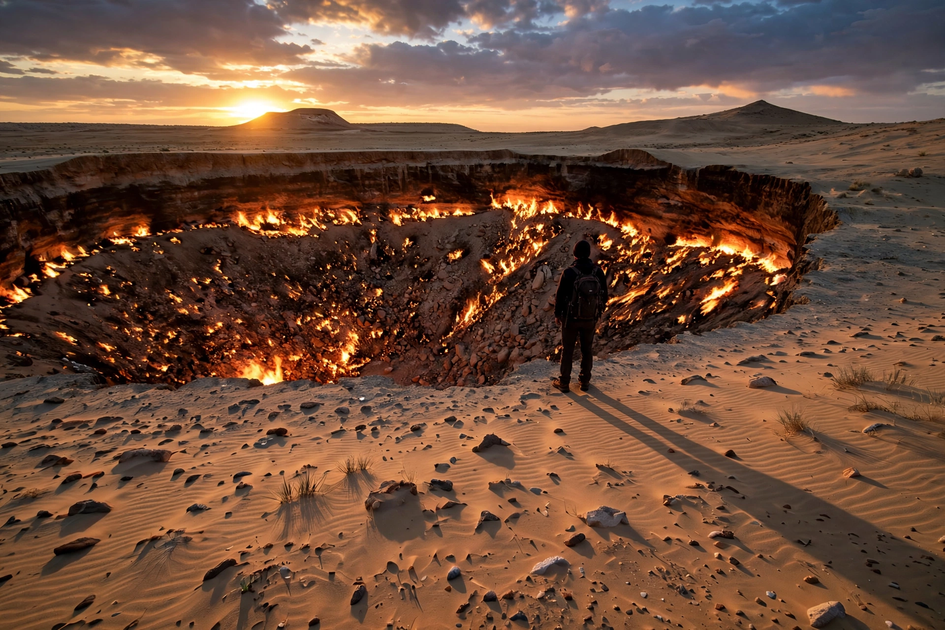 Traveler silhouette standing at the rim of the Darvaza crater at sunset