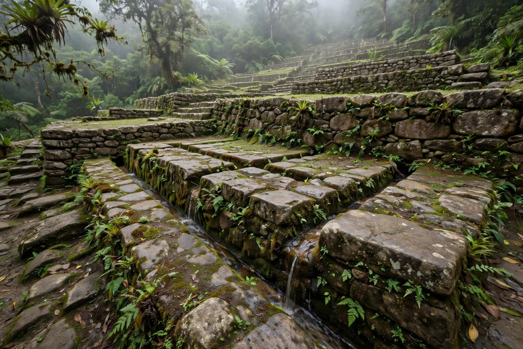 Detail of ancient Tayrona stonework at Ciudad Perdida with carved drainage channels, moss and ferns between the stones
