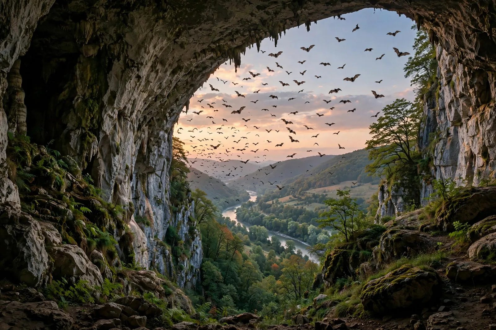 Bats flying out of a large cave mouth over a river valley at dusk in Bulgaria