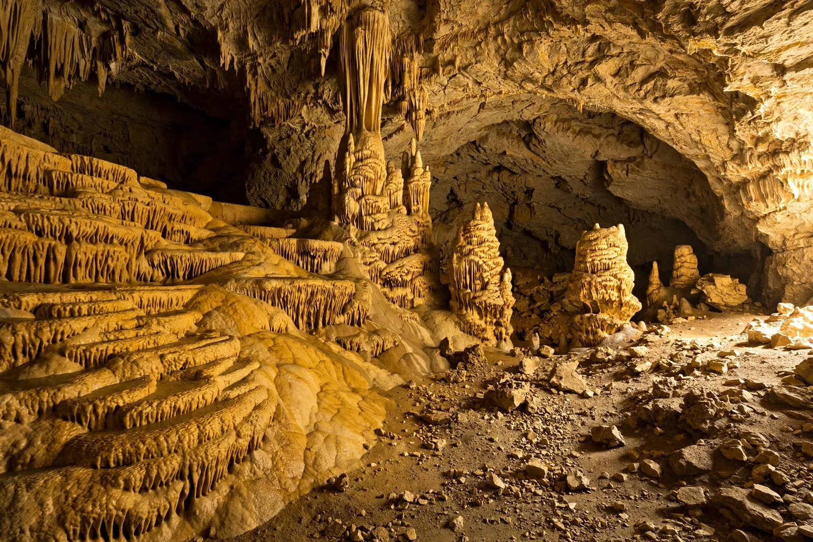 Tall stalactites and stalagmites and layered flowstone inside a large limestone cave chamber in Bulgaria