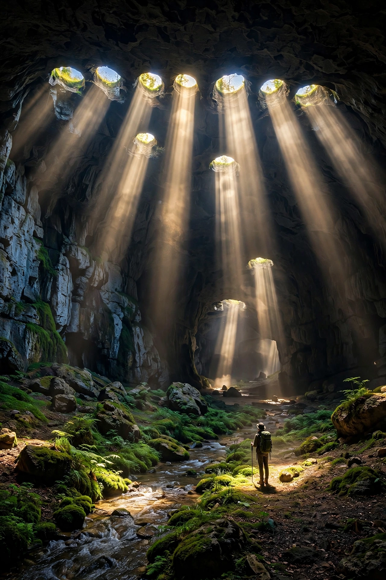 Sunlight streaming through seven ceiling openings into the vast hall of Devetashka Cave in Bulgaria, with a stream and green moss below