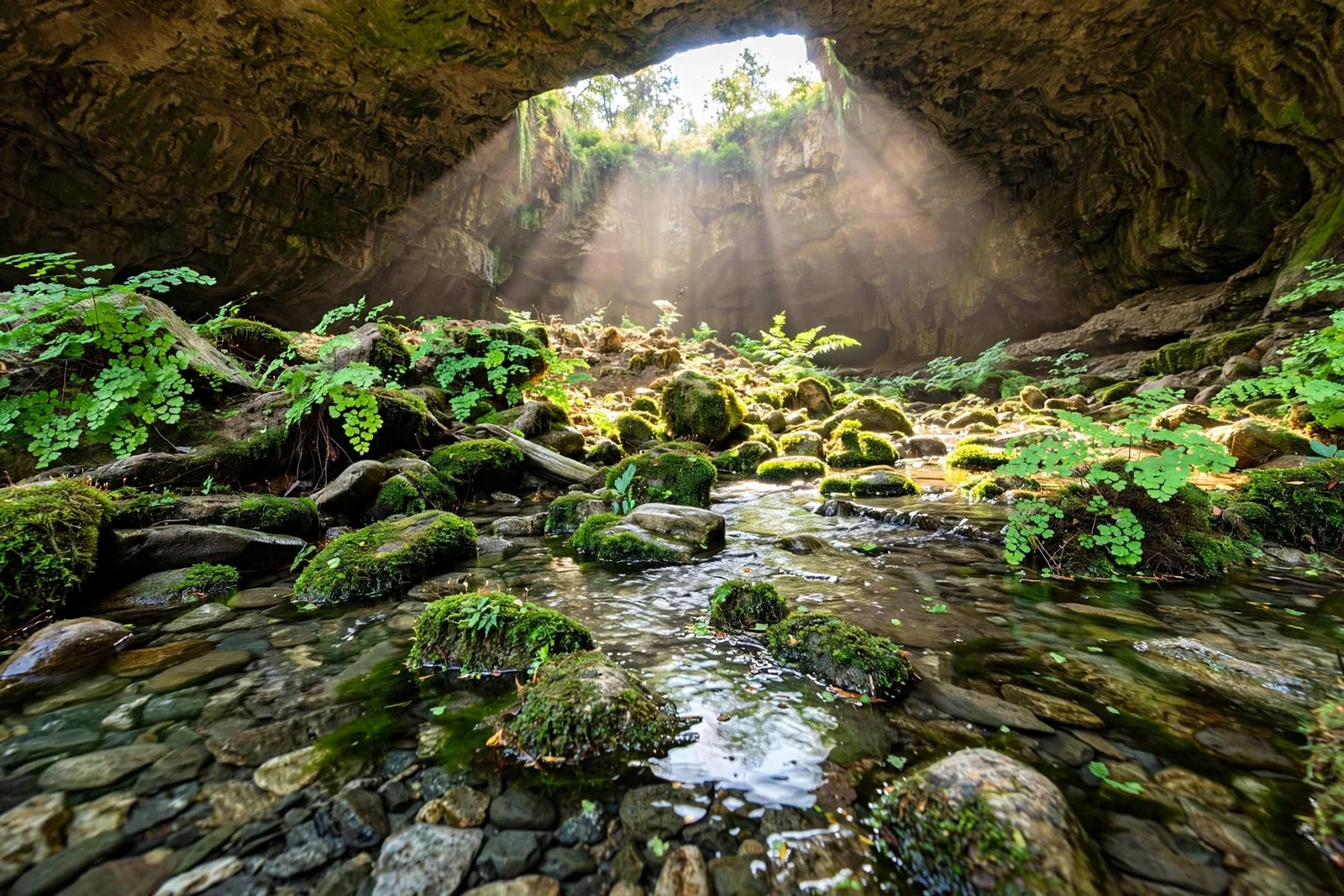 Clear stream flowing over stones inside the sunlit hall of Devetashka Cave, with green moss where daylight falls through the ceiling openings